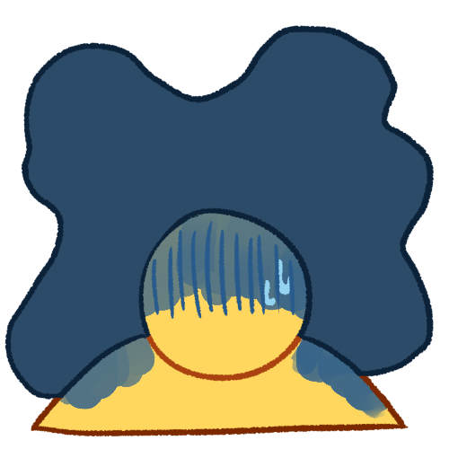 A drawing of a person from the shoulders up. There is dark blue shadow on the top of their head and shoulders, and they are sweating. Behind them is a large dark blue blob. 